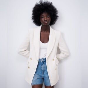 Zara White/Cream Fitted Textured Double-breasted Blazer Size Small